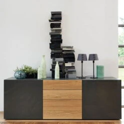 Now! Vision By Hülsta Sideboard 4R 2 Türen 70x211x52 - 2 Schubladen - Lack-grau/Natureiche