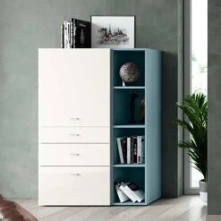 Now! No.14 By Hülsta Kombination 13 155x105x42 Lack-weiß/taubenblau/Hochglanz-weiß